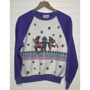 Vintage Kids Sweatshirt 80s 90s Teddy Bears Skiing Sz Large 16/18